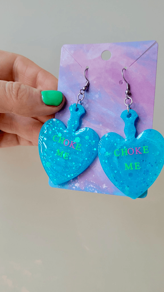 Earrings | CHOKE ME Blue Glitter Swirl Heart Paddle Earrings - Pink and Black Swirl Glitter  | Stainless Steel Hooks