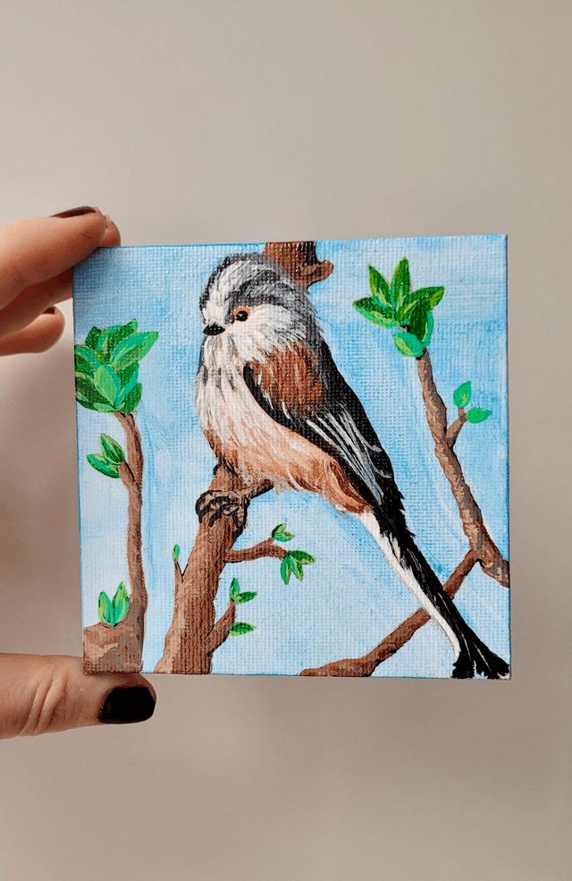 Original Mini Canvas Painting – Feathers and Fresh Leaves – Miniature Long-Tailed Tit Bird Painting