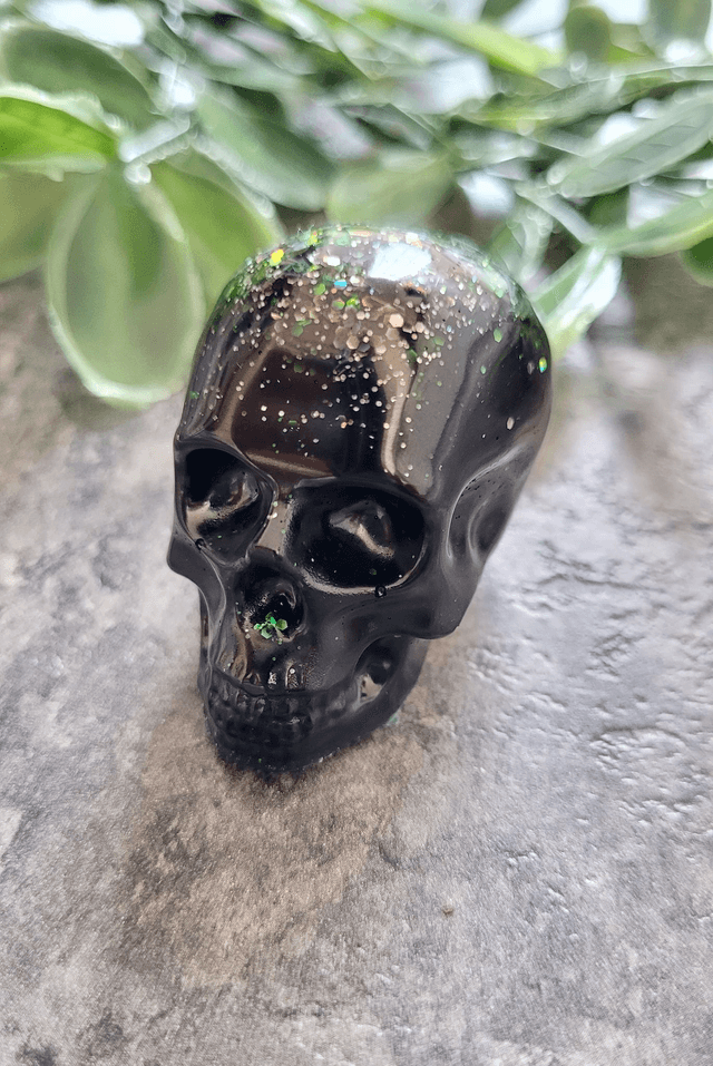 Skull Ornament - Medium - Black with Silver & Green Glitter