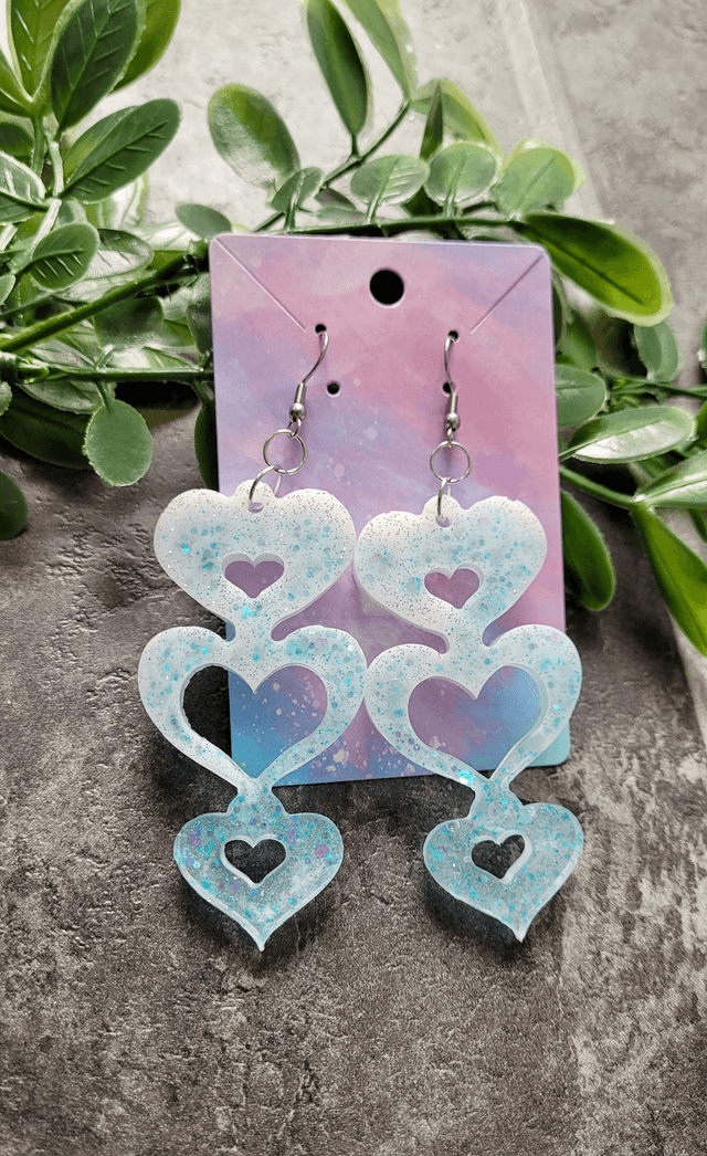 Earrings | Blue-White Glitter Triple Heart Drop | Stainless Steel Hooks