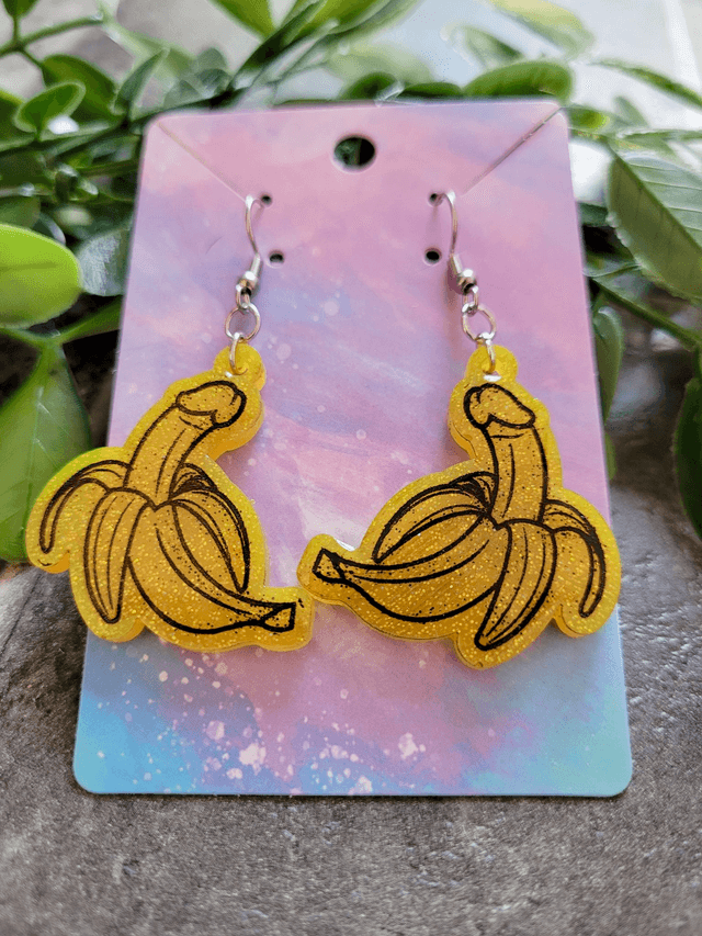 Earrings | Yellow Glitter Penis Bananas - Various Designs & Fittings | Stainless Steel Hooks or Hoops
