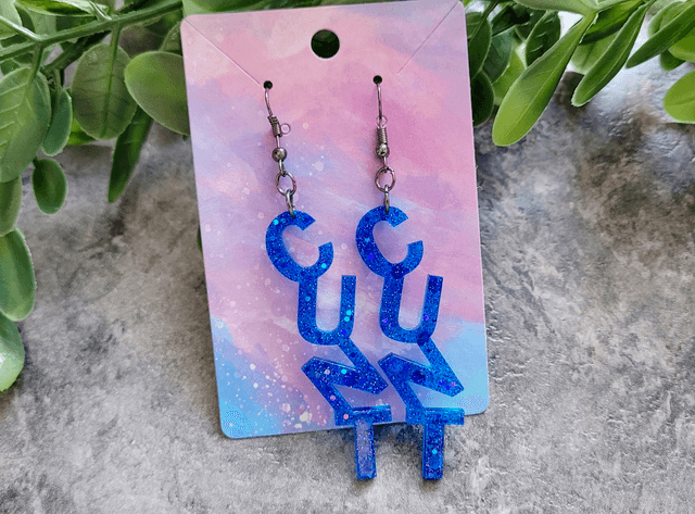 Earrings- Dark or Light Blue Glitter CUNT Swear Earrings | Stainless Steel HooKs