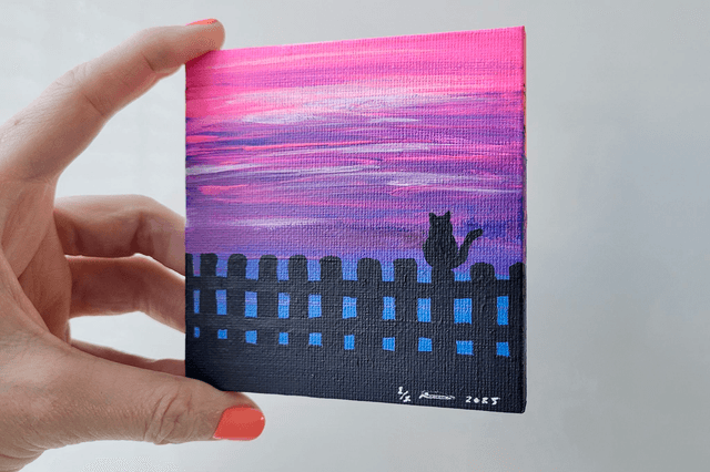 Original Mini Canvas Painting – Sunset Cat on Fence