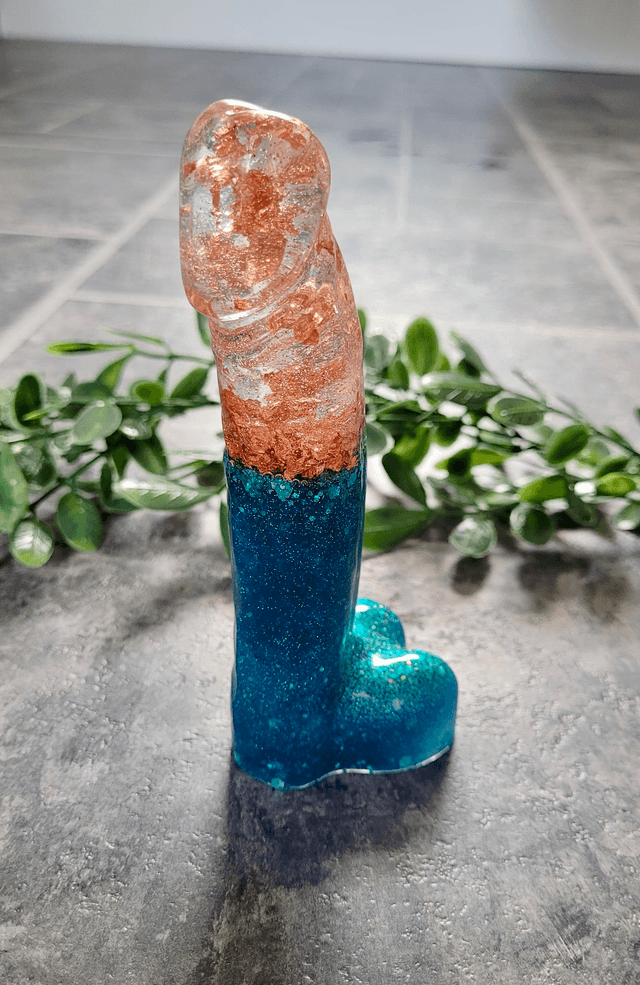 Penis Ornament -Blue Glitter & Copper Leaf Split - Medium 14.5cm