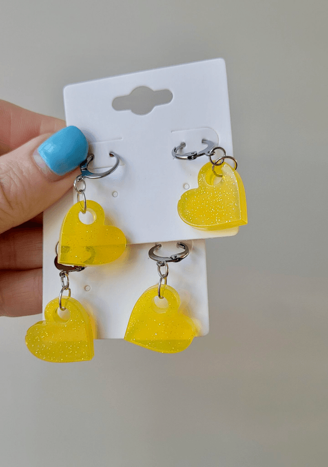 Earrings | Zesty Lemon Yellow Glitter Hearts | Stainless Steel Hoops