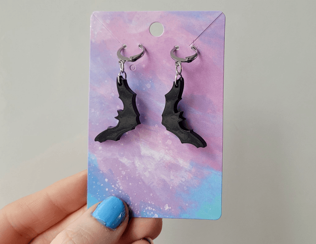 Earrings | Glossy Black Bats - Various Designs | Stainless Steel Hoops