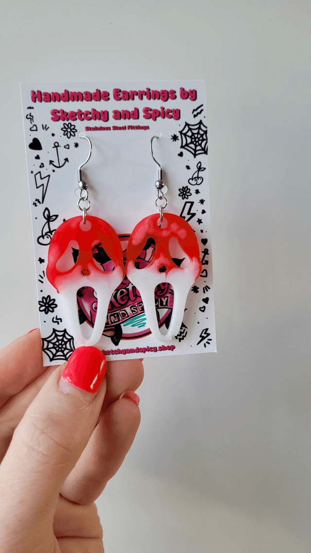 Earrings | Flat Holographic Bloody Ghostface Scream Earrings - White Bloody | Stainless Steel Hooks