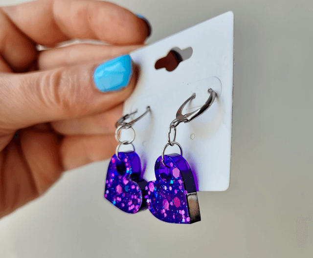 Earrings | Purple Glitter Hearts | Stainless Steel Hoops