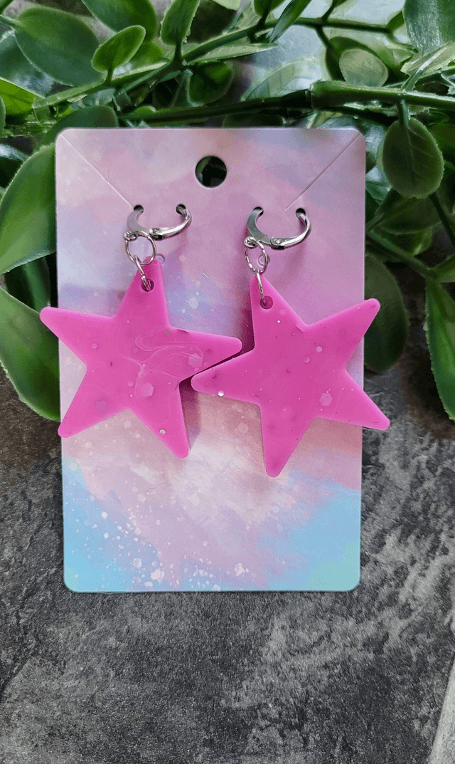 Earrings | Pink Glitter and Swirls Stars | Stainless Steel Hoops