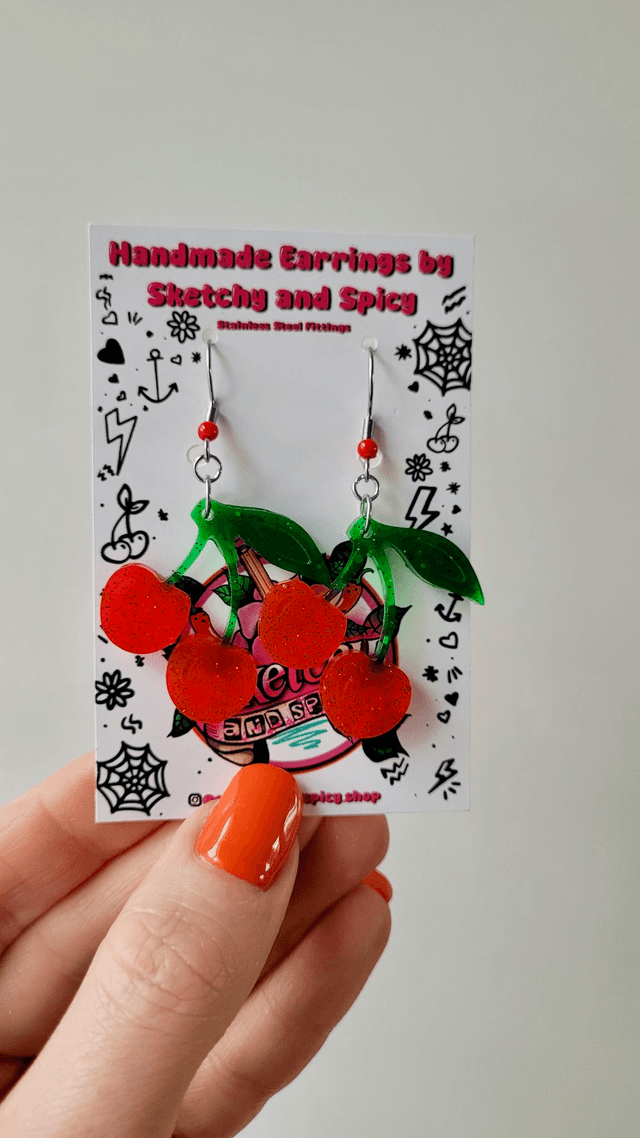 Earrings | Cherries - Red & Green glitter cherry earrings | Stainless Steel Hooks