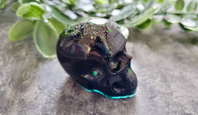 Skull Ornament - Medium - Black with Silver & Green Glitter