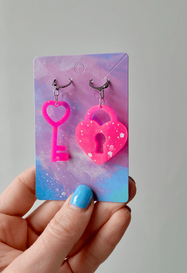 Earrings | Bright Neon Pink Glitter Heart Lock and Key | Stainless Steel Hoops