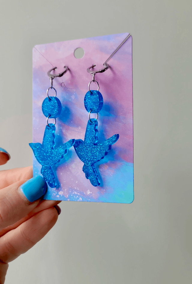 Earrings | Blue Glitter Swallow Birds | Stainless Steel Hoops