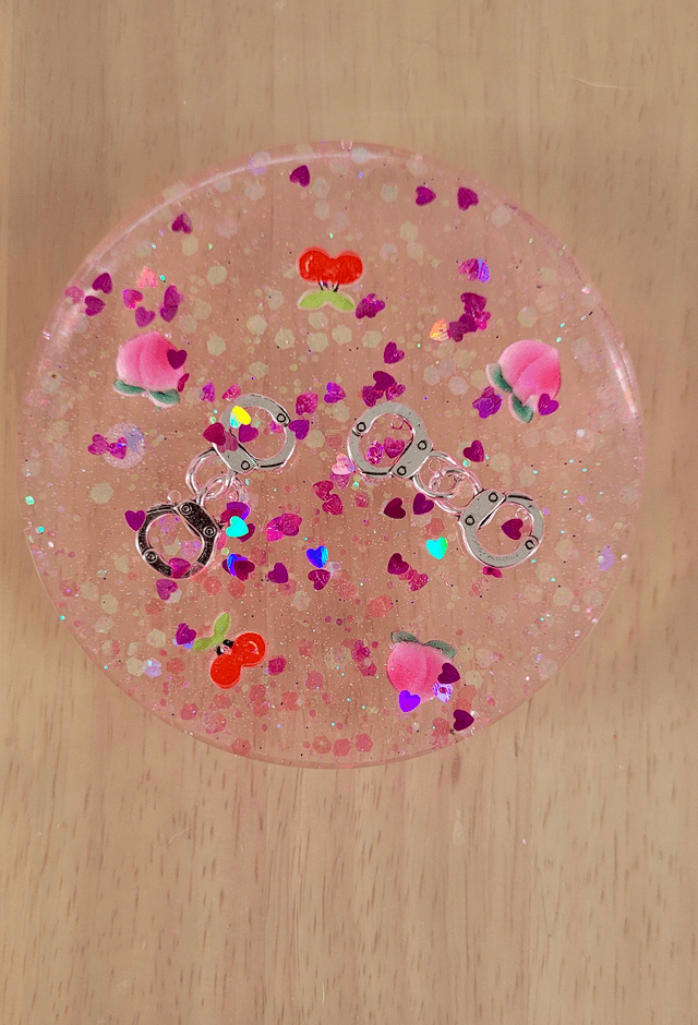 Coaster -Pink Glitter - Peaches, Cherries & Handcuffs