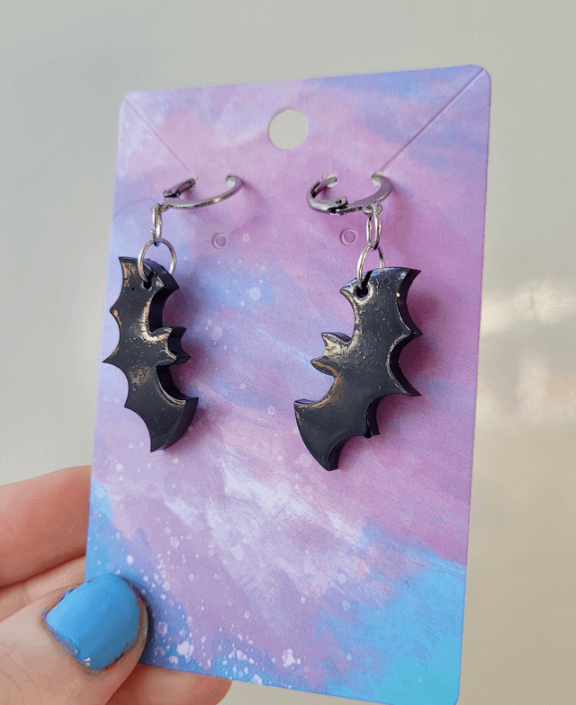 Earrings | Glossy Black Bats - Various Designs | Stainless Steel Hoops