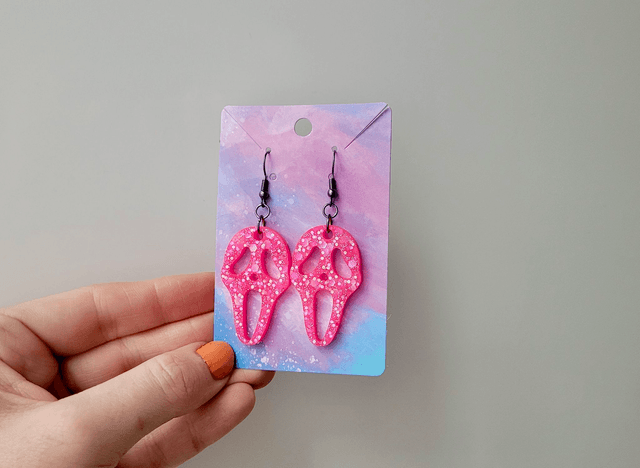 Earrings | Ghostface - Scream - Hot Pink Glitter Earrings | Stainless Steel Hooks - Gunmetal Black Hooks
