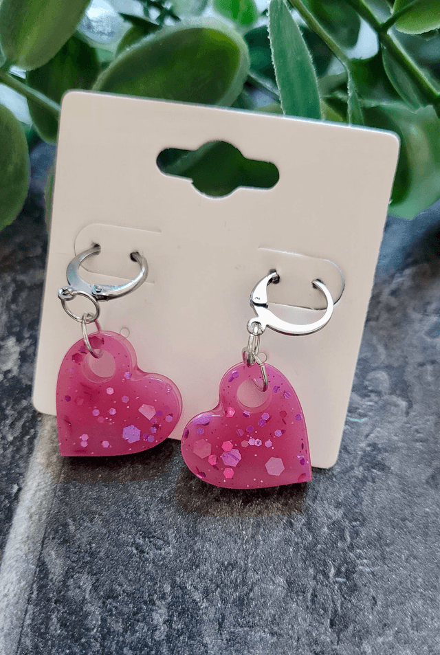 Earrings | Pink Glitter Hearts | Stainless Steel Hoops