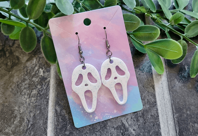 Earrings | Ghostface Scream Earrings - White & Blue Glitter | Stainless Steel Hooks - Gunmetal Black