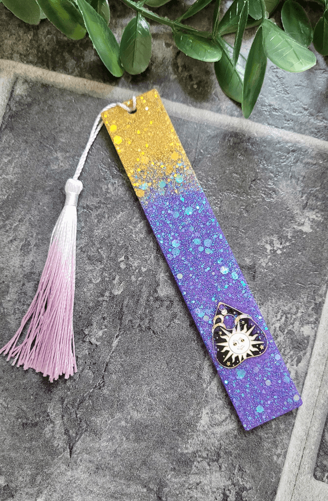 Purple & Gold Celestial Sun Planchette Glitter Bookmark with Tassel