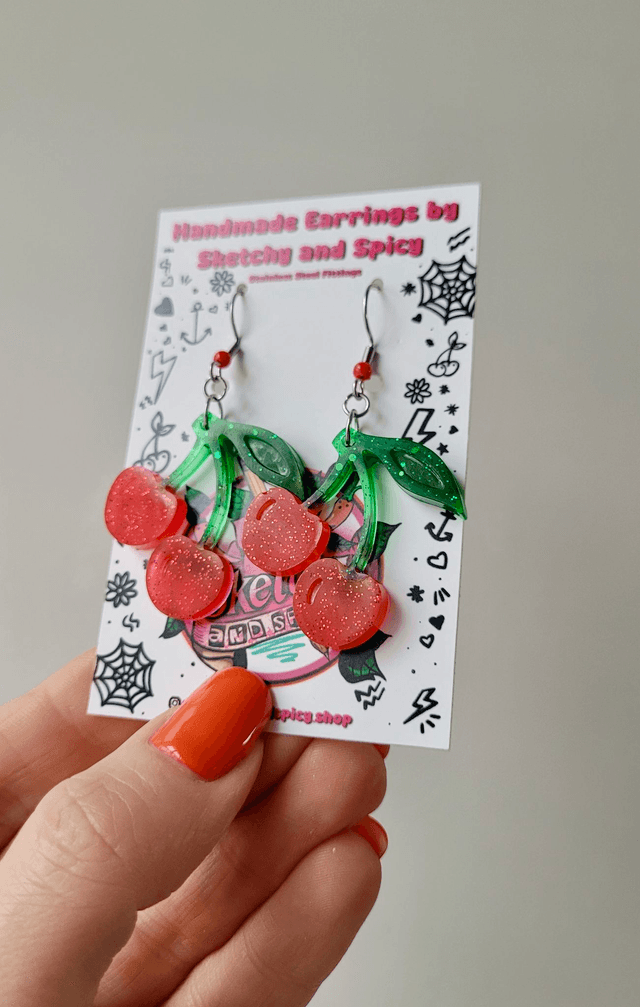 Earrings | Cherries - Red & Green glitter cherry earrings | Stainless Steel Hooks