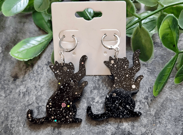 Earrings | Black Cats Reaching with Silver Glitter Sparkle | Witch Cat Stainless Steel Hoops