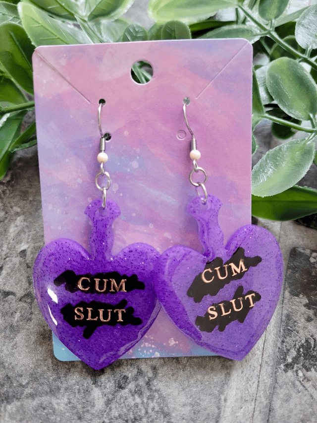 Earrings | CUM SLUT Heart Purple Glitter Paddle Earrings | Stainless Steel Hooks