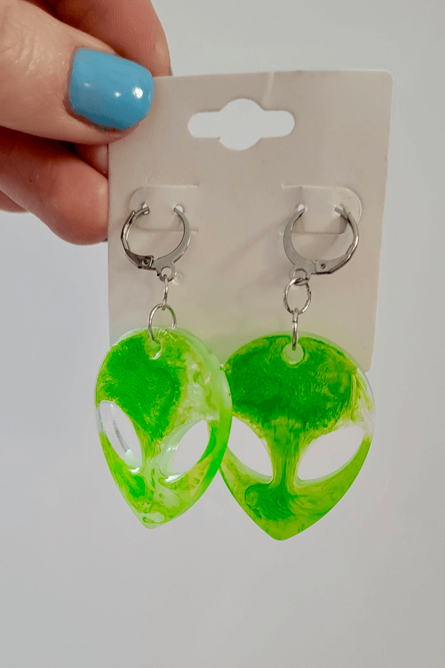 Earrings | Stainless Steel Hoops - Alien Heads | Neon Green Swirl