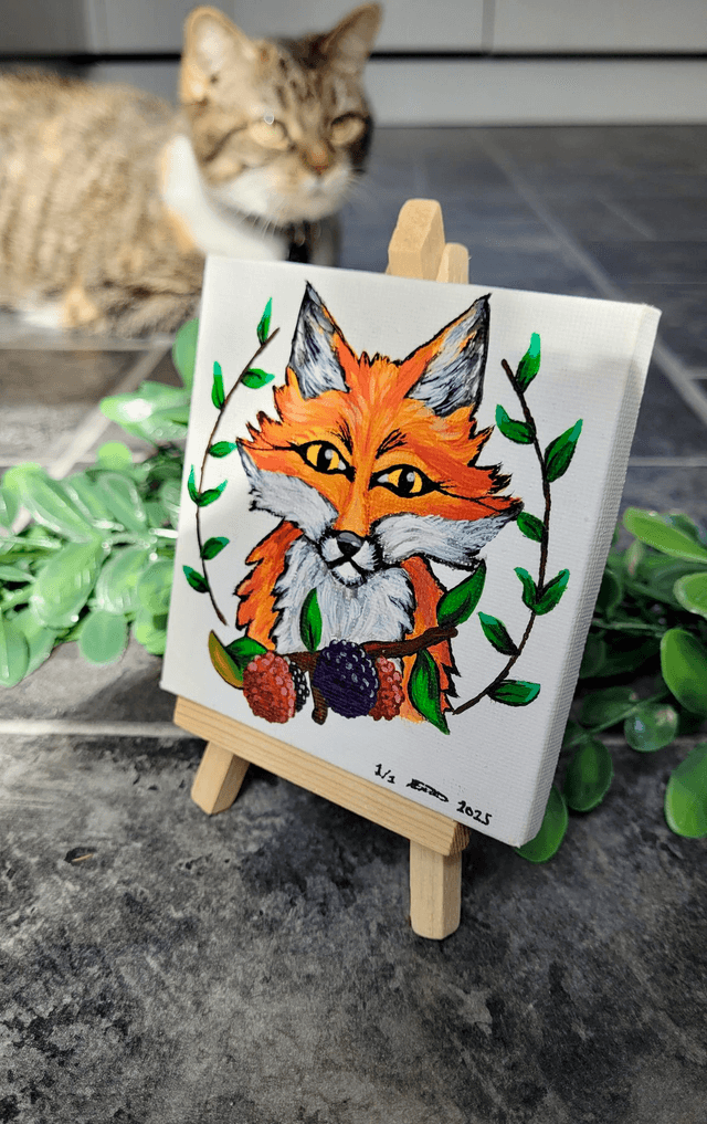 Original Mini Canvas Painting – Fox, Berries and Brambles