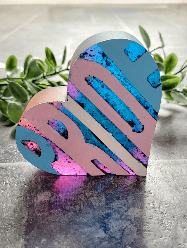 PRIDE Heart - Pink & Blue Glitter, Trans Flag Colours Text Heart Ornament