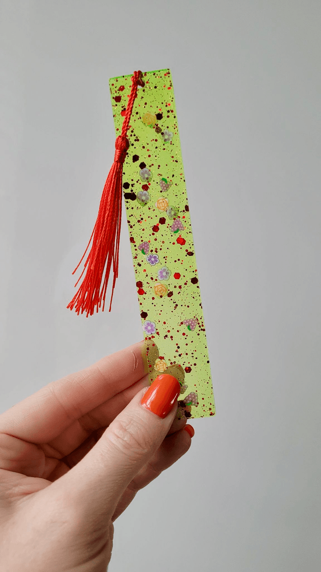 Flower and Fruit Green Glitter Bookmark with Red Glitter and Tassle