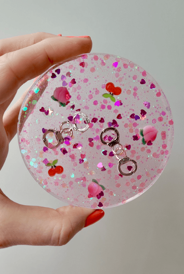 Coaster -Pink Glitter - Peaches, Cherries & Handcuffs
