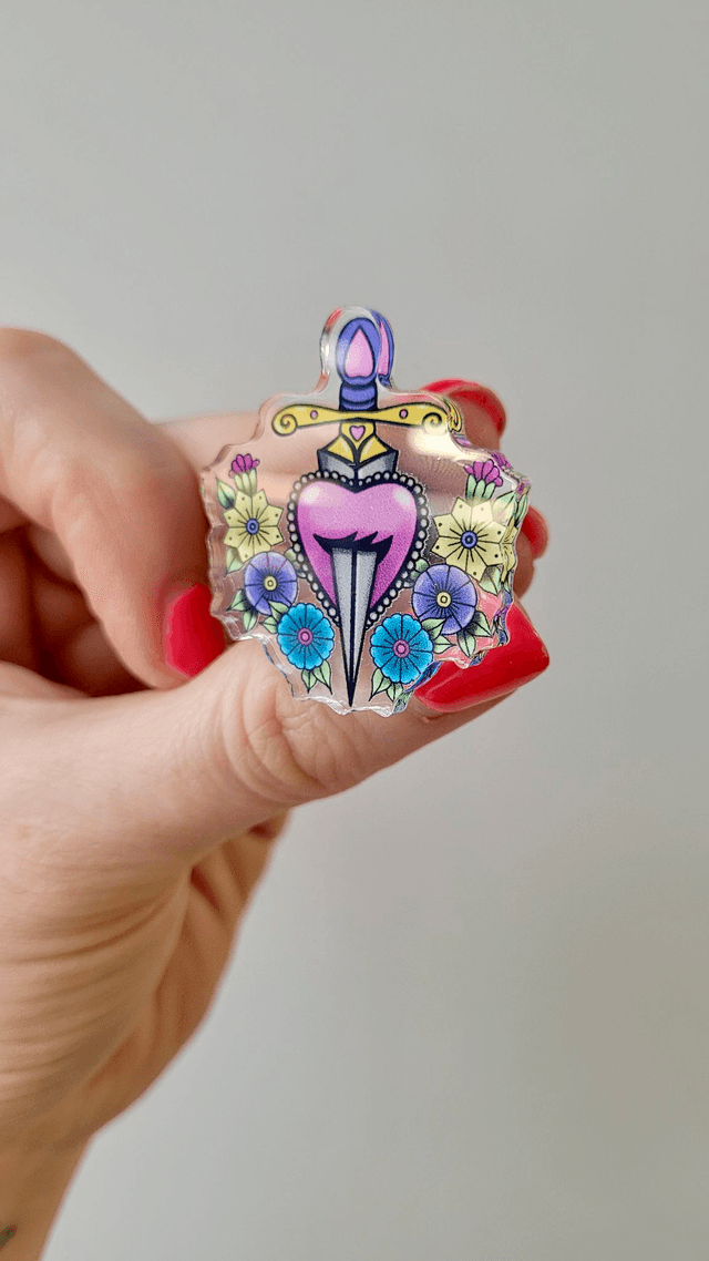Floral Heart & Dagger Acrylic Pin Badge – Original Art Pin