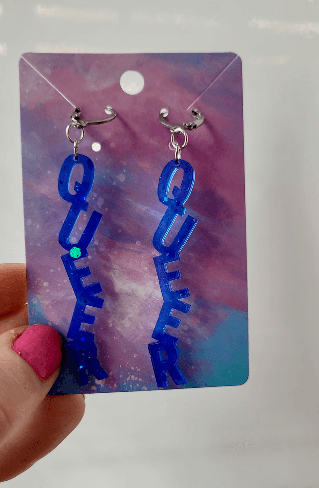 Earrings- Dark Blue Glitter QUEER Earrings | Stainless Steel Leverback Hoops