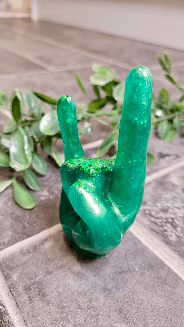 Rock On Hand Ornament – Green Glitter