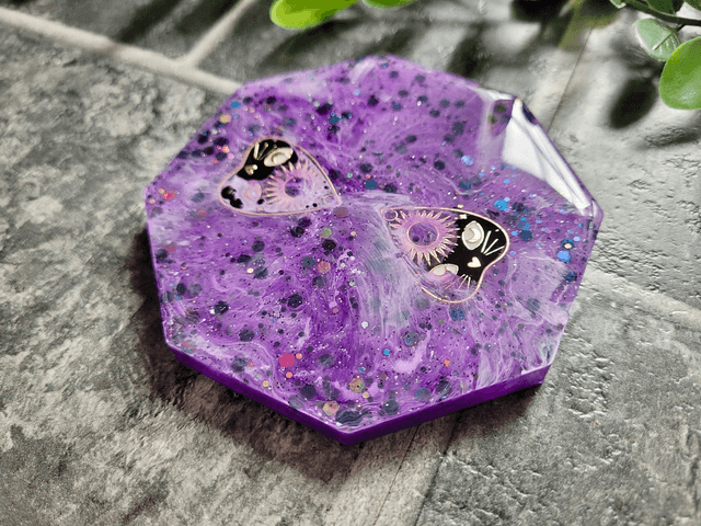 Coaster - Witchy Cat Planchette Purple Glitter Hexagon Coaster