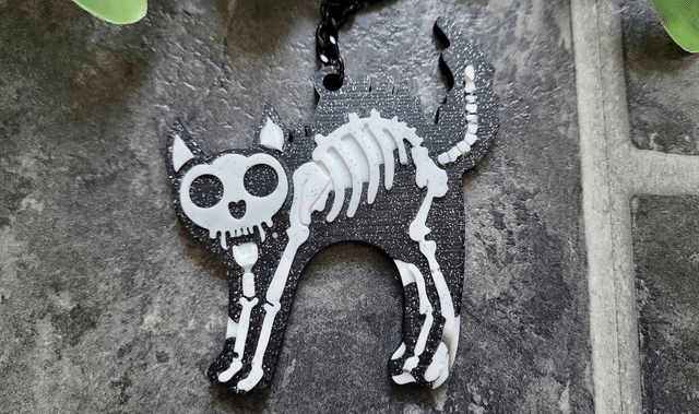 Black & White Glitter Skeleton Cat Keychain - Hellcat Keyring