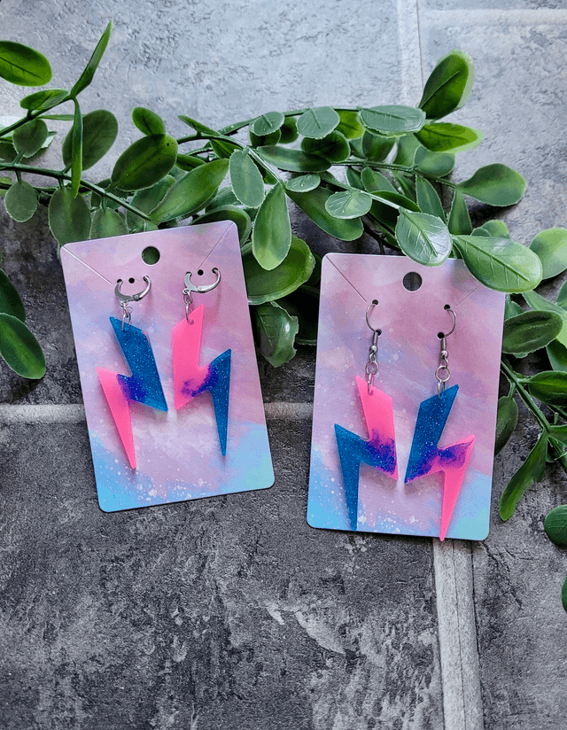 Earrings | Pink & Blue Glitter Lightning Bolt | Stainless Steel Hoops or Hooks