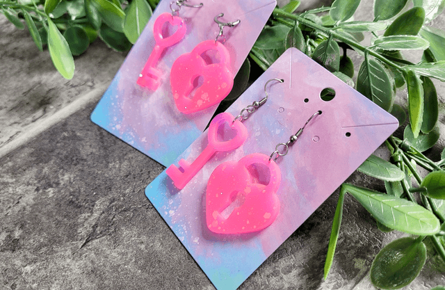 Earrings | Bright Neon Pink Glitter Heart Lock and Key | Stainless Steel Hoops