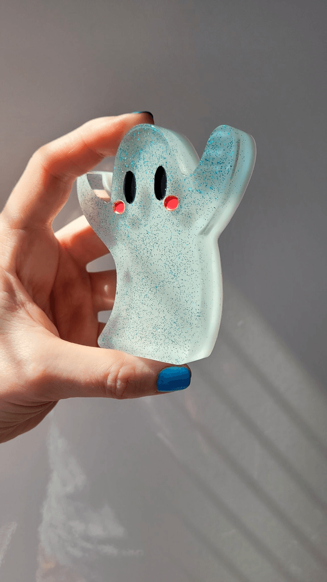 Ghost Ornament -  Blushing Ghost, Blue Glitter and White
