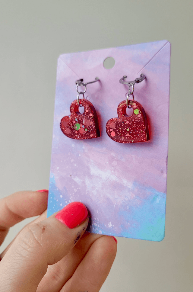 Earrings | Dark Wine Red Glitter Hearts | Stainless Steel Hoops or Hooks
