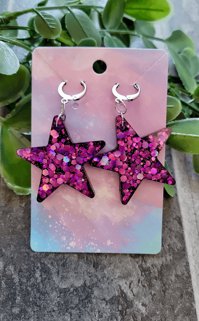 Earrings | Purple Star - Pink & Purple Holographic Glitter Star Earrings| Stainless Steel Hooks or Hoops