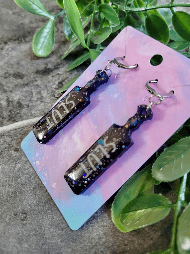 Earrings | SLUT Paddle Earrings Blue Black Glitter | Stainless Steel Hoops