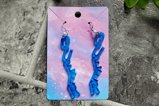 Earrings- Blue & Silver Glitter QUEER Earrings | Stainless Steel Beaded Hooks