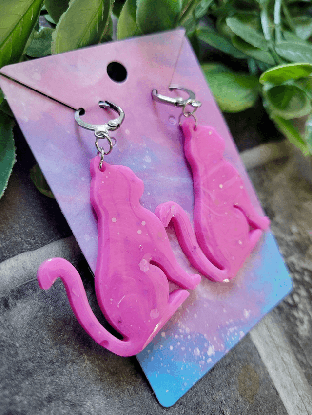 Earrings | Pink Cats - Glitter Swirl | Stainless Steel Hoops