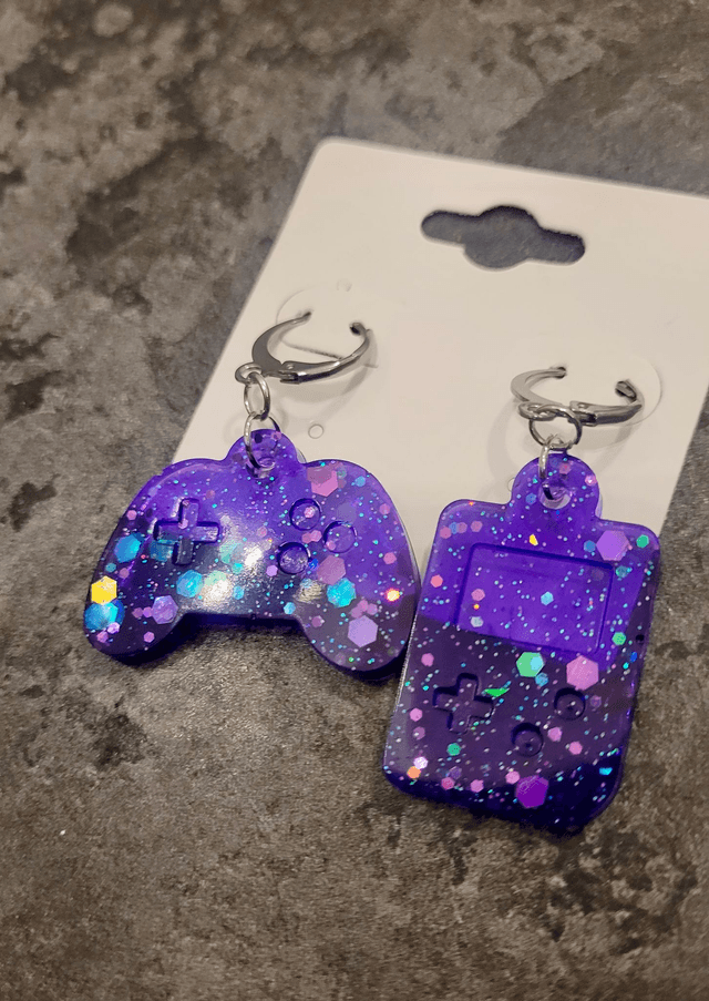 Earrings | Stainless Steel Hoops - Gameboy & Controller | Game Console | Purple Glitter