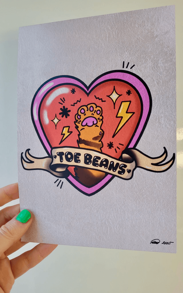 ‘Toe Beans’ A5 Art Print - Tattoo-Inspired Cat Paw in Heart & Scroll Design