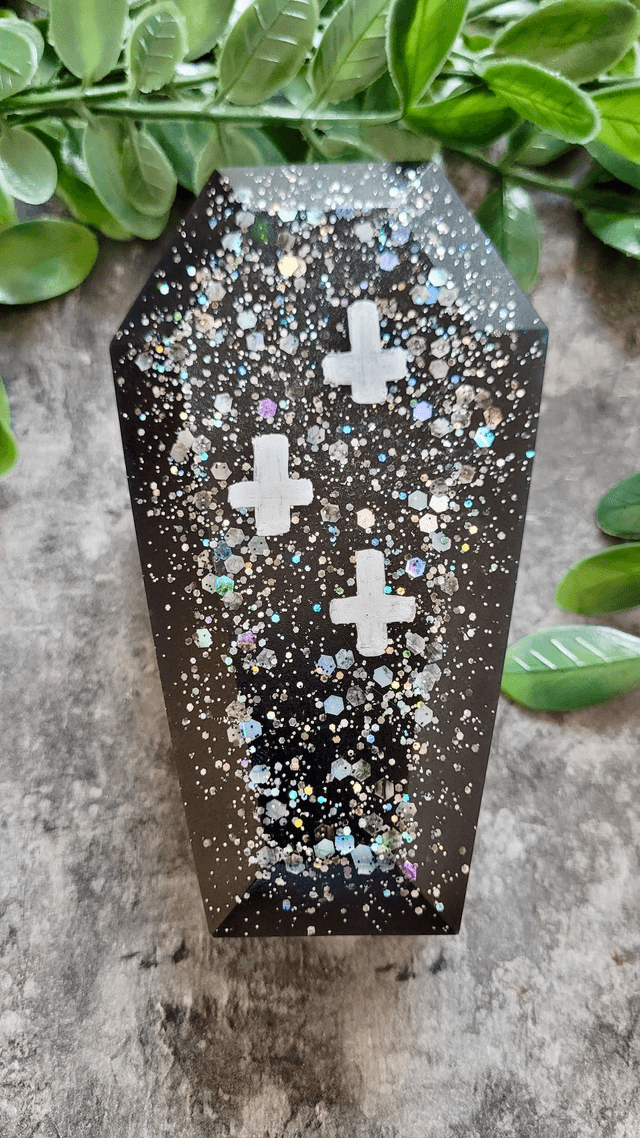 Grey-Black Coffin Trinket Box with Silver Holographic Glitter. Bottom only - no lid