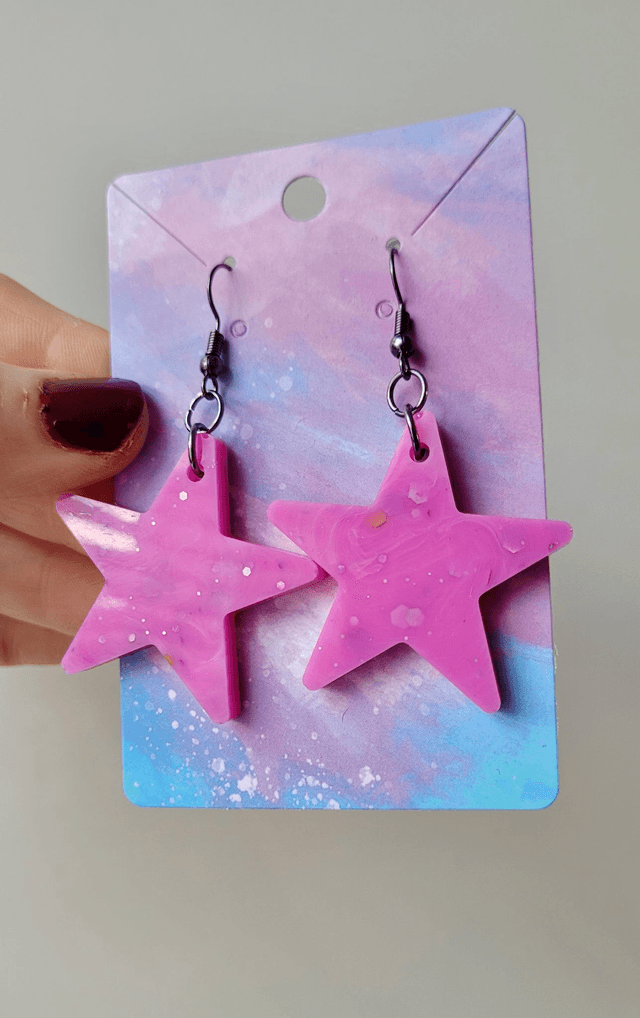 Earrings | Pink Glitter and Swirls Stars | Stainless Steel Hoops