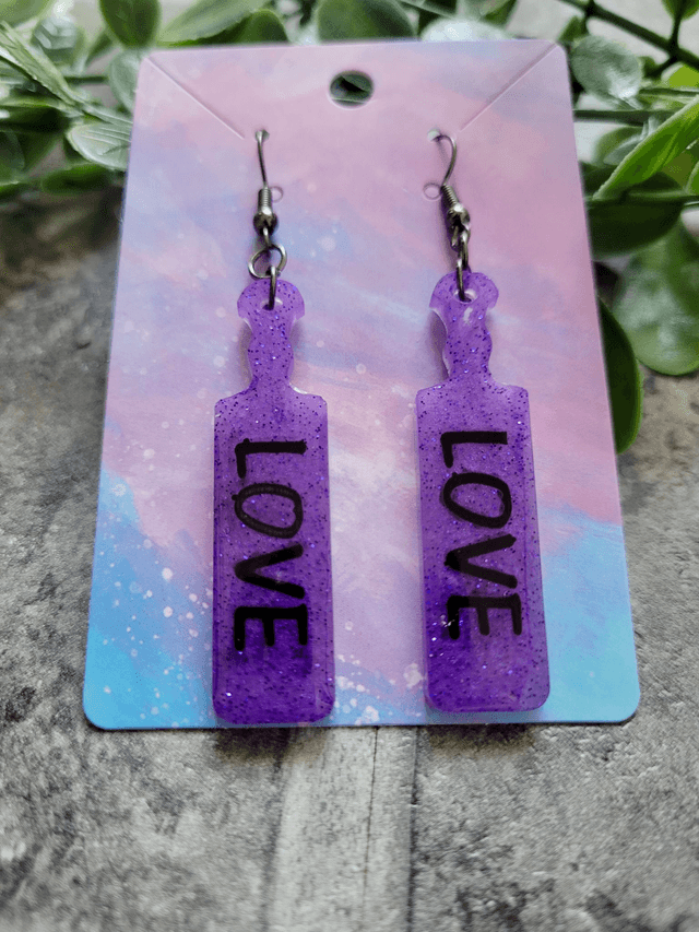 Earrings | Purple Glitter LOVE Paddle Earrings | Stainless Steel Leverback Hooks