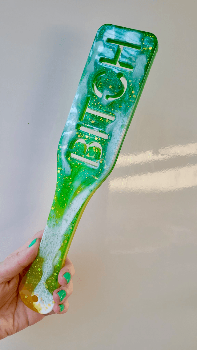 Handmade Resin Paddle – BITCH – Green & Yellow Swirl 